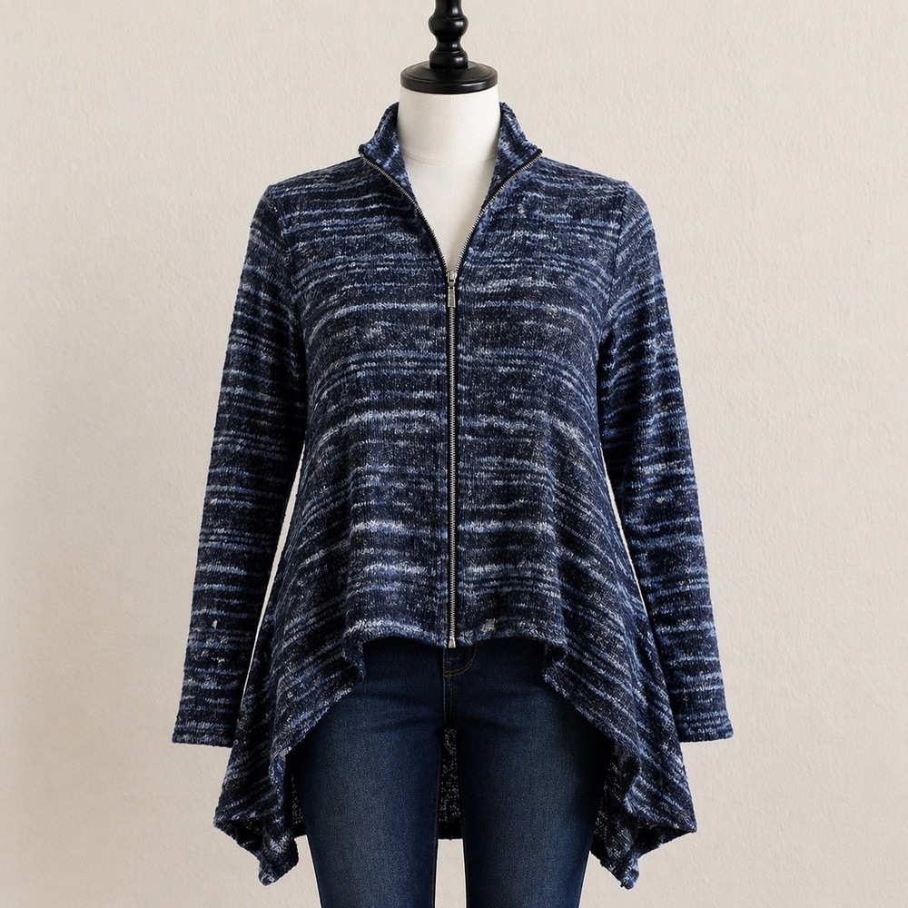 Comfy USA Sheer Cardigan Womens Medium Blue Striped Zip Up High Low Boho Coastal